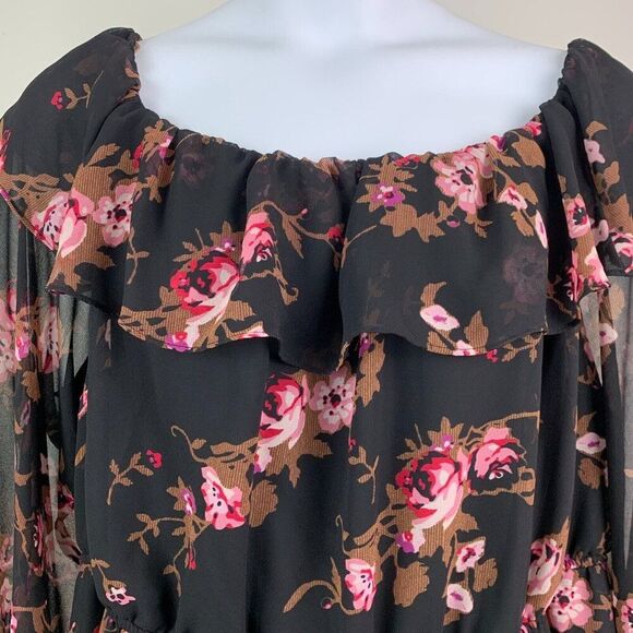 Lane Bryant Blouse 26 3X Plus Black Floral Print Flowy Lined Semi-sheer Ruffle - Picture 2 of 9